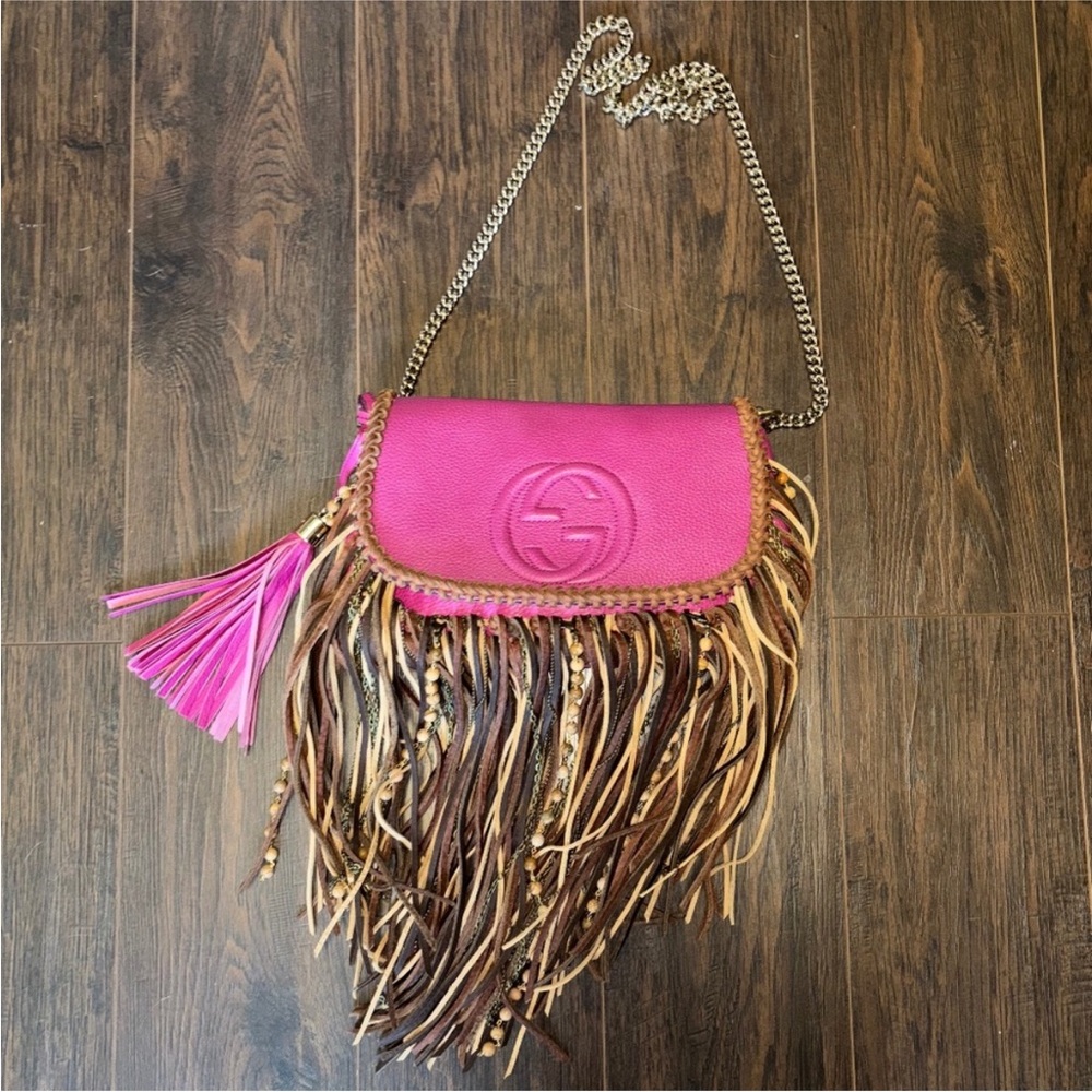 Gucci Pink and Brown Fringe Crossbody Bag